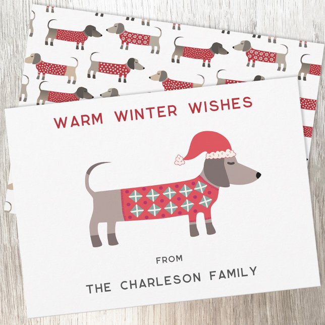 Cartão De Festividades Cachorro Dachshund em uma diversão de Papai Noel (Fun Dachshund Wiener Sausage Dog personalized Christmas Winter Holidays greetings card)