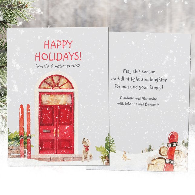 Cartão De Festividades Cachorro de Esqui Cachorro Vermelho Cena (Watercolor Ski Dog Red Door Scene Holiday Card ©Susanne Sachers - Sunny Mind Design 🌞)