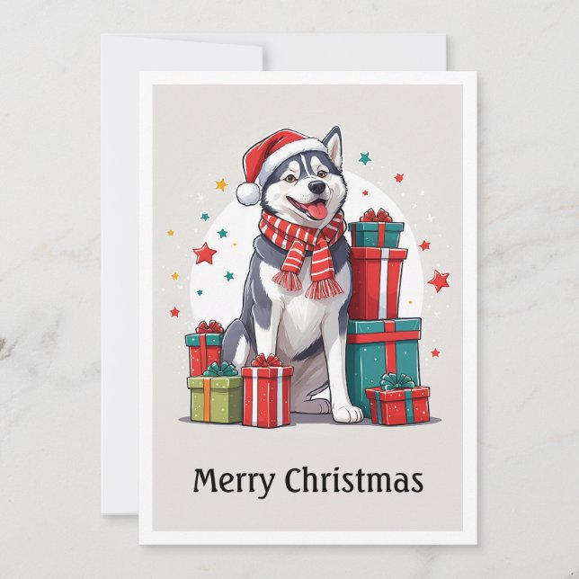 Cartão De Festividades Cachorro de Natal Bonito, Husky Santa Claus Siberi (Frente)