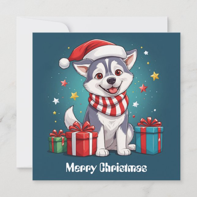 Cartão De Festividades Cachorro de Natal Bonito, Husky Santa Claus Siberi (Frente)