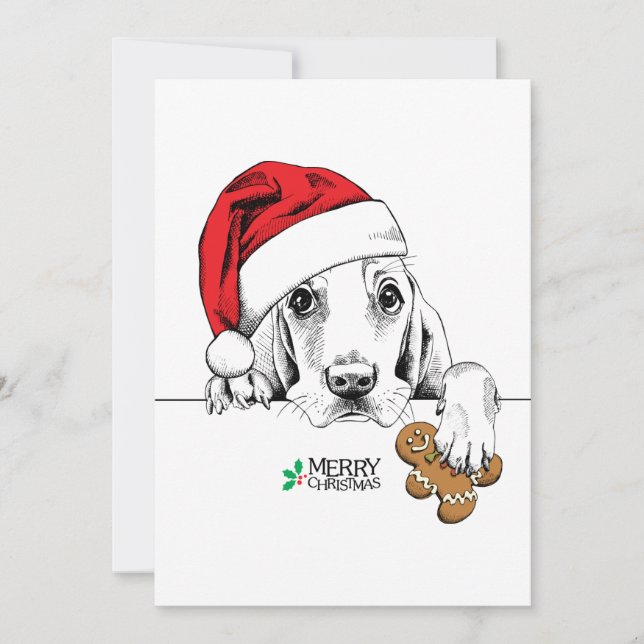 Cartão De Festividades Cachorro De Natal Em Santa Hat Segurando Gingerpão (Frente)