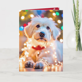 Cartão De Festividades Cachorro de Natal Enroscado em Luzes