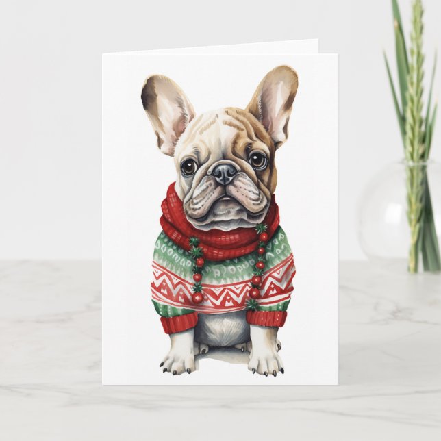 Cartão De Festividades Cachorro de Natal, Frenchie de Feriado, Bulldog BR (Frente)