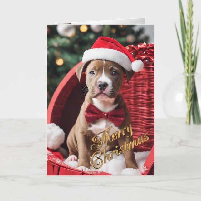 Cartão De Festividades  Cachorro de Natal Pit Bull em um cesto  (Frente)