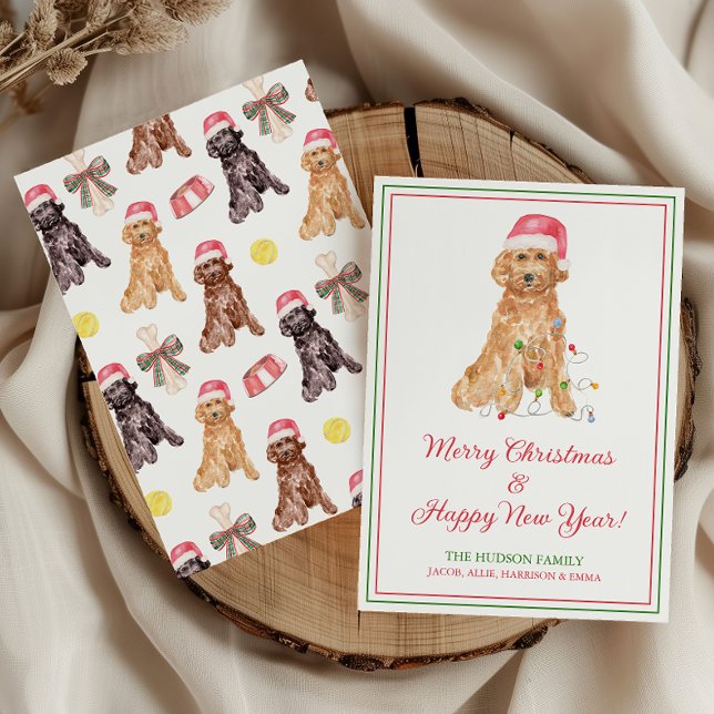 Cartão De Festividades Cachorro de Papais noeis de Natal com Aquarela (Criador carregado)