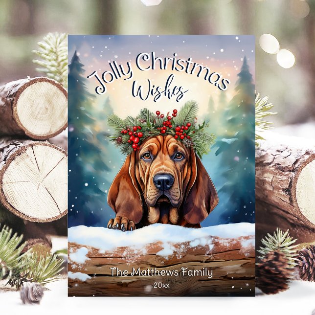 Cartão De Festividades Cachorro de Snowy Forest no Natal (Adorable Winter Snowy Scene With Peeking Dogs or Farm/Woodland Animals - Over 50 to Choose From!)