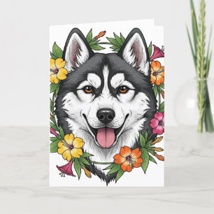 Cartão De Festividades Cachorro de Trenó Husky e Flores Coloridas de Mira