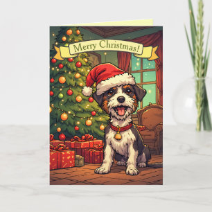 Cartão De Festividades Cachorro Desgrenhado Chapéu de Papai Noel Árvore d