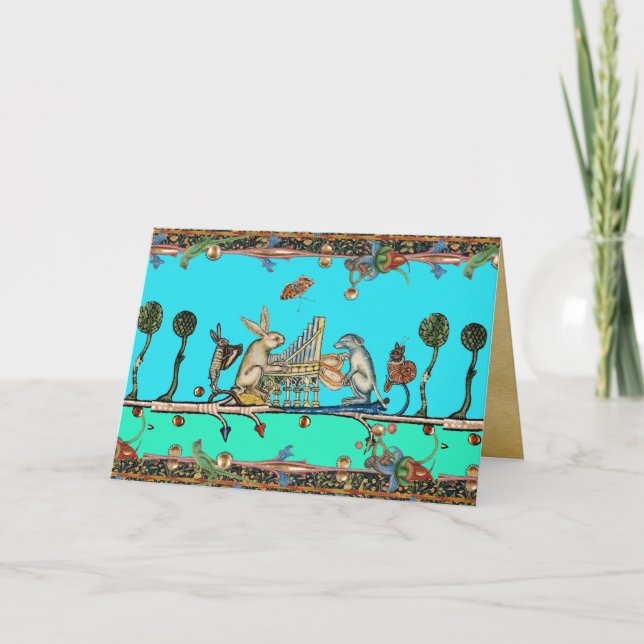 Cartão De Festividades CACHORRO E COELHO DE ANIMAIS DIEVAIS BRINCANDO Azu (Frente)
