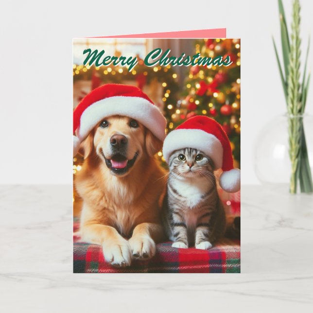 Cartão De Festividades Cachorro e Gato Festivo de Natal (Frente)