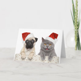 Cartão De Festividades Cachorro E Gato No Chapéu Vermelho De Natal