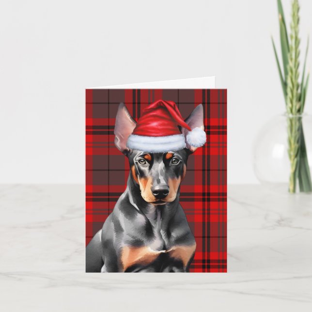 Cartão De Festividades Cachorro e Xadrez Vermelha do Doberman de Natal (Frente)