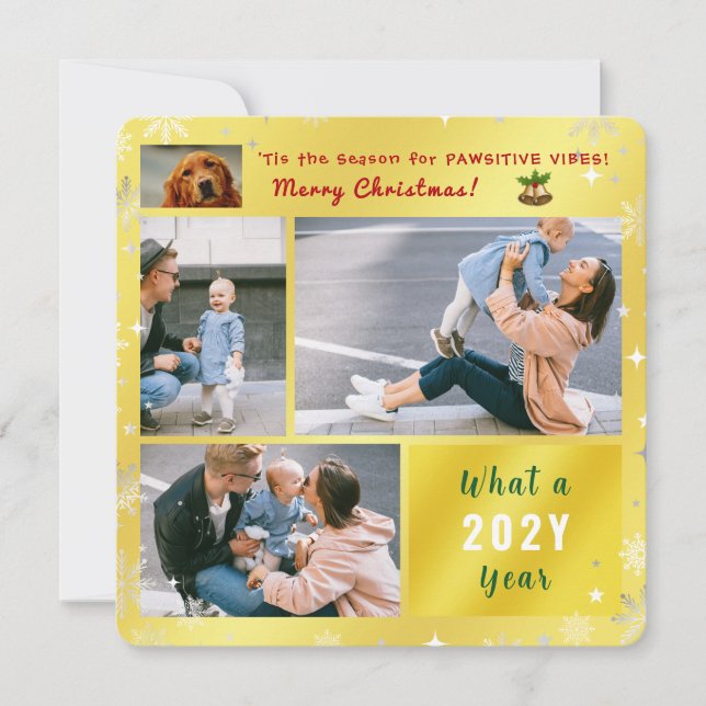 Cartão De Festividades Cachorro Engraçado Cat 4 Fotos Colagem Ouro Elegan (Frente)