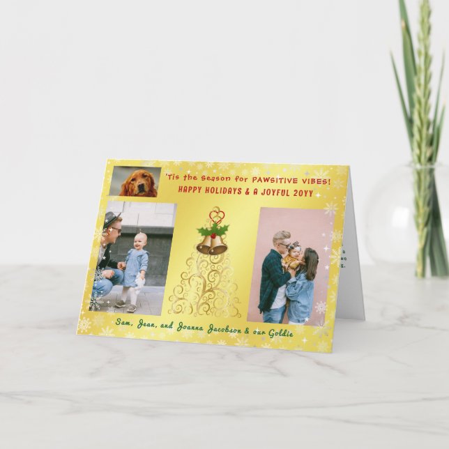 Cartão De Festividades Cachorro Engraçado Gato Feliz Natal 3 Fotos Dourad (Frente)