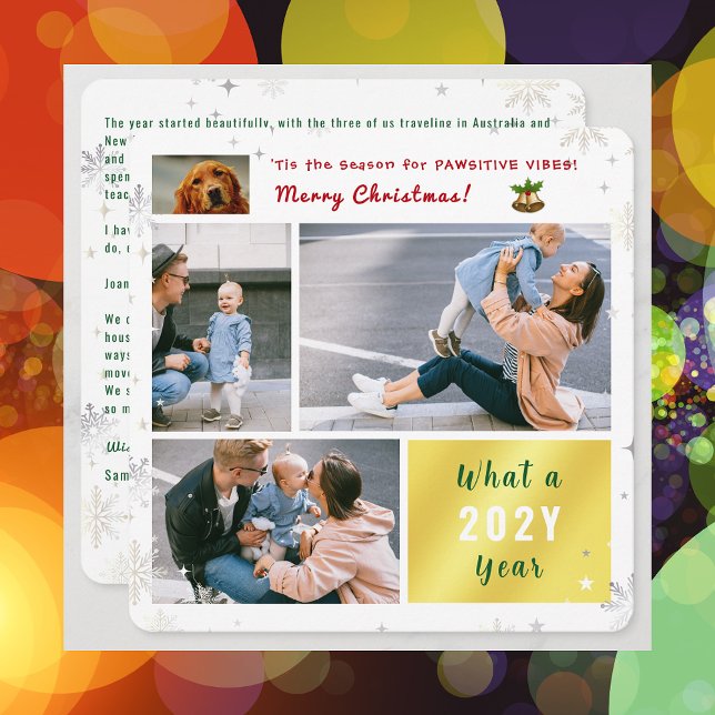 Cartão De Festividades Cachorro Engraçado Gato Pawsitive 4 Fotografias -  (Elegant Funny Pawsitive Vibes Pet Dog Christmas Card 4 Photos What a Year Snowflakes Stars Letter)