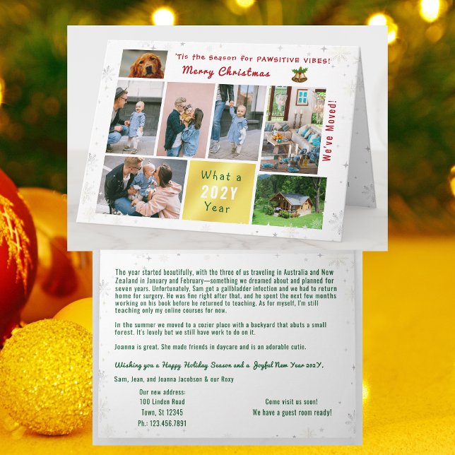 Cartão De Festividades Cachorro Engraçado Moderno 7 Fotos Colagem que Mud (Funny dog Christmas card, pawsitive humor. 7 Photos. We've moved letter. Elegant, modern. Cute Snow)