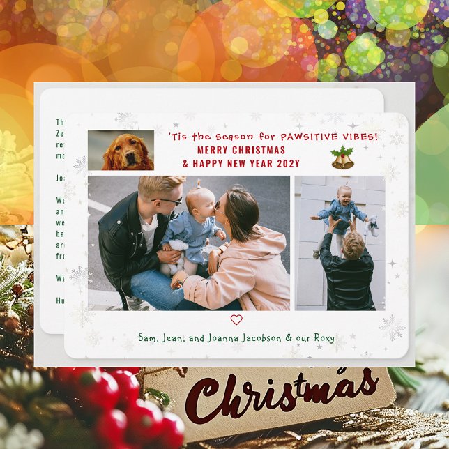 Cartão De Festividades Cachorro Engraçado Pawsitive 3 Fotos Moderna Minim (Cute Funny Pet Dog Pawsitive Vibes Merry Christmas Happy New Year 'Tis the Season 3 Photos Letter)