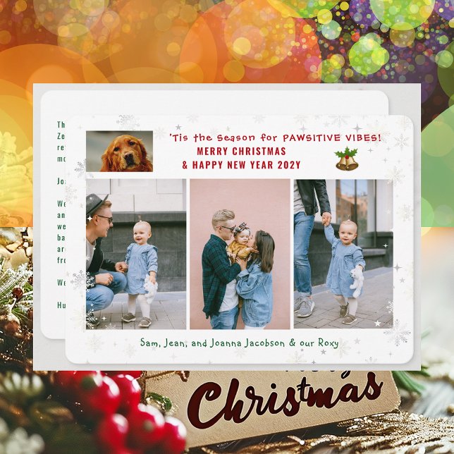 Cartão De Festividades Cachorro Engraçado Pawsitive 3 Fotos Moderna Minim (Cute Funny Pet Dog Pawsitive Vibes Merry Christmas Happy New Year 'Tis the Season 4 Photos Letter)