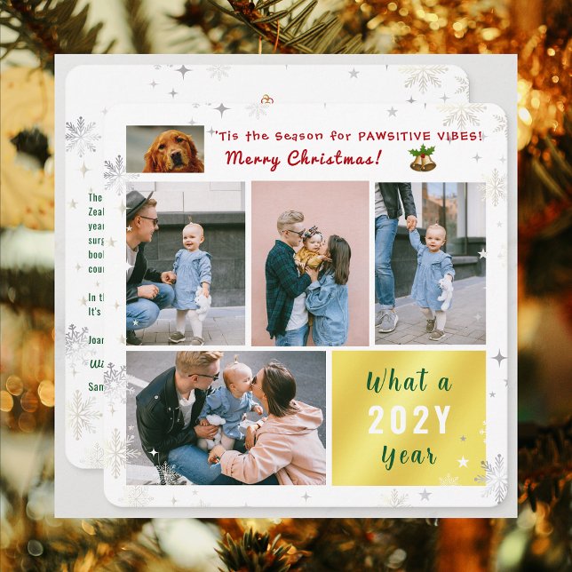 Cartão De Festividades Cachorro Engraçado Pawsitive 5 Fotografias - Letra (Elegant Modern Cute Funny Pawsitive Vibes Pet Dog Merry Christmas 5 Photos What a Year Snowflakes )