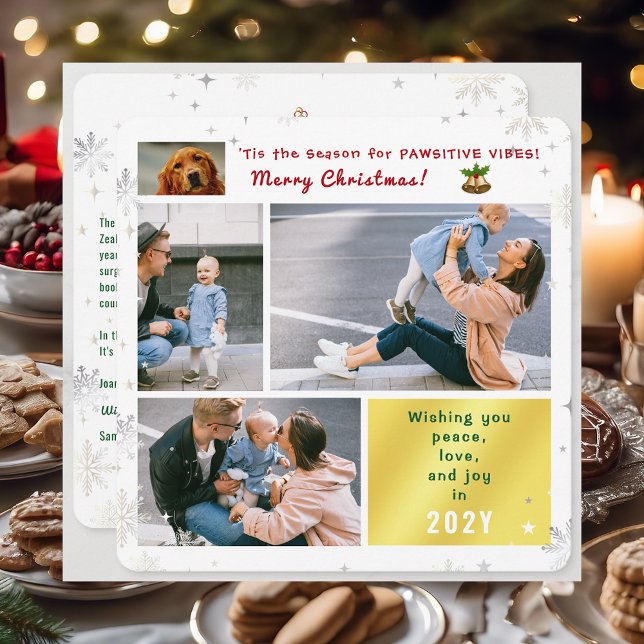 Cartão De Festividades Cachorro Engraçado Paz Ama Alegria 4 Fotos Colagem (Cute Elegant Funny Pet Dog 'Tis the Season Pawsitive Vibes Merry Xmas 4 Photos Snowflakes Letter)