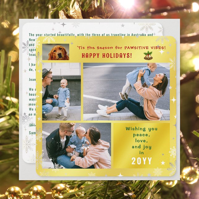 Cartão De Festividades Cachorro Engraçado Paz Ama Alegria 4 Fotos Ouro (Elegant Golden Cute Funny Pawsitive Vibes Pet Dog Happy Holidays 4 Photos Peace Love Joy Snowflakes)