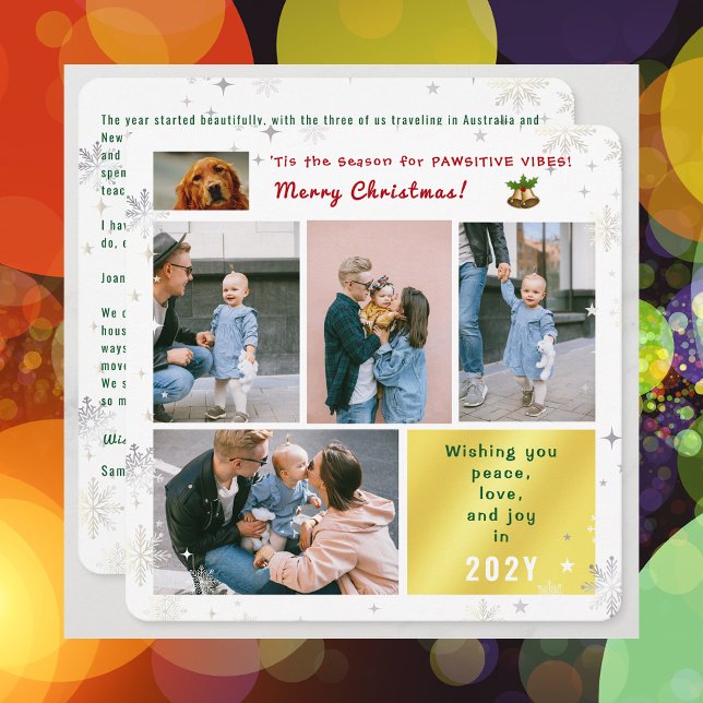 Cartão De Festividades Cachorro Engraçado Paz Ama Joy 5 Fotos Legais (Elegant Funny Pawsitive Vibes Pet Dog Christmas Card 5 Photos Peace Love Joy Snowflakes Stars Letter)