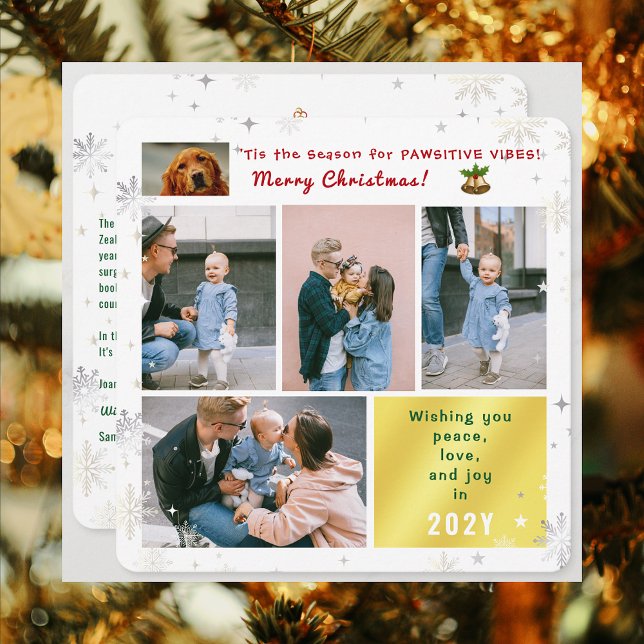 Cartão De Festividades Cachorro Engraçado Paz Amor Joy 5 Fotos Bonitas Mo (Elegant Cute Funny Pawsitive Vibes Pet Dog Christmas Card 5 Photos Peace Love Joy Snowflakes Letter)