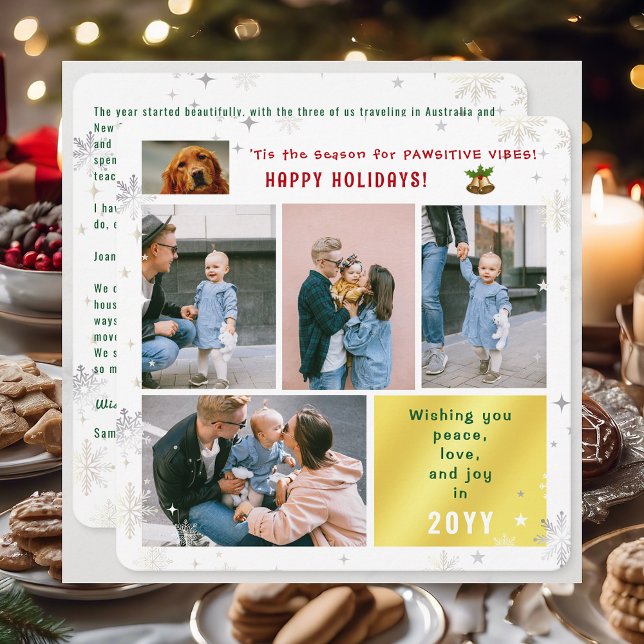 Cartão De Festividades Cachorro Engraçado Paz Amor Joy 5 Fotos Elegante (Elegant Cute Funny Pawsitive Vibes Pet Dog Happy Holidays 5 Photos Peace Love Joy Snowflakes Letter)