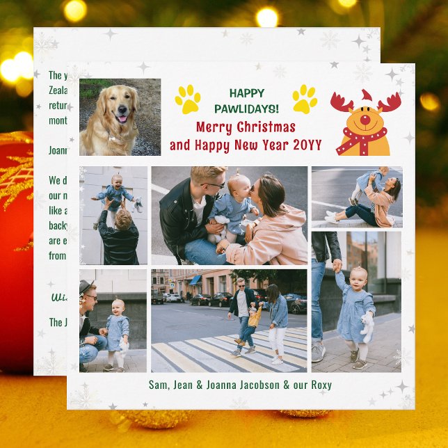 Cartão De Festividades Cachorro Engraçado Rudolph Feliz Pawlidays Fotos d (Funny Happy Pawlidays Christmas Card. Dog Photo + Rudolph the Reindeer + 6 Family Photos. Snowflakes)