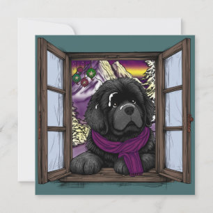 Cartão De Festividades Cachorro filhote na janela nevada