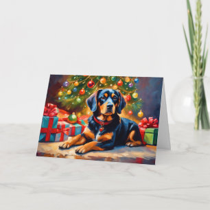 Cartão De Festividades Cachorro Fofo perto da Árvore de Natal
