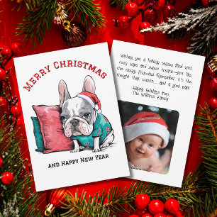 Cartão De Festividades cachorro francês fofo, chapéu de Papai Noel, Natal