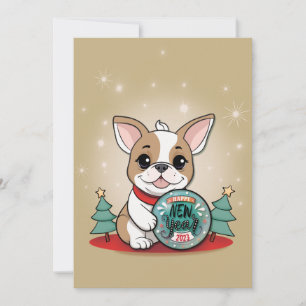 Cartão De Festividades Cachorro francês fofo deseja feliz ano novo