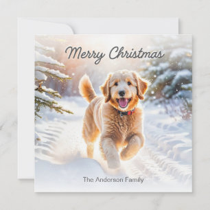 Cartão De Festividades Cachorro Goldendoodle Fofo na Neve Feliz Natal