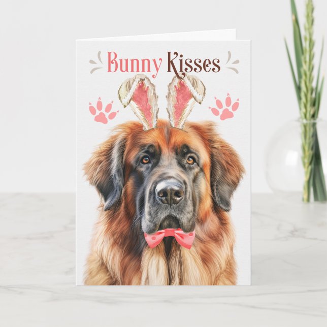 Cartão De Festividades Cachorro Leonberger em Bunny Ears para Páscoa (Frente)