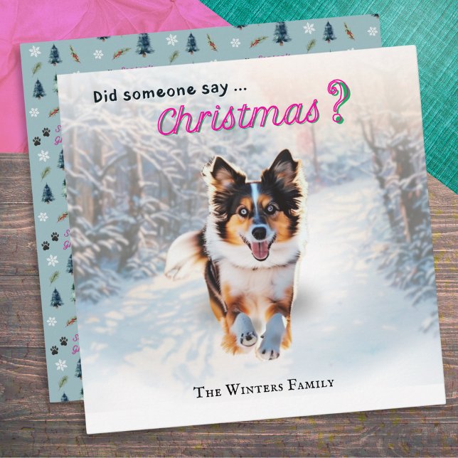 Cartão De Festividades Cachorro Pastor Australiano Engraçado Na Neve (A Christmas card with joyful-looking Australian Shepherd dog running through snow)