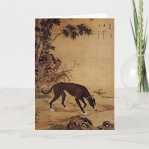 Cartão De Festividades Cachorro Preto Vintage Cinza e Flores Rosa