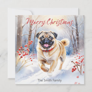 Cartão De Festividades Cachorro Pug Fofo na Neve Aquarela Feliz Natal
