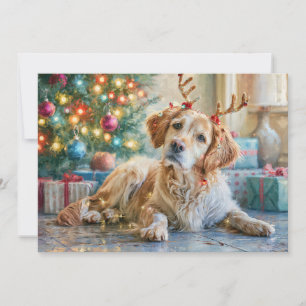 Cartão De Festividades Cachorro Retriever Dourado Chifres de Rena Natal 