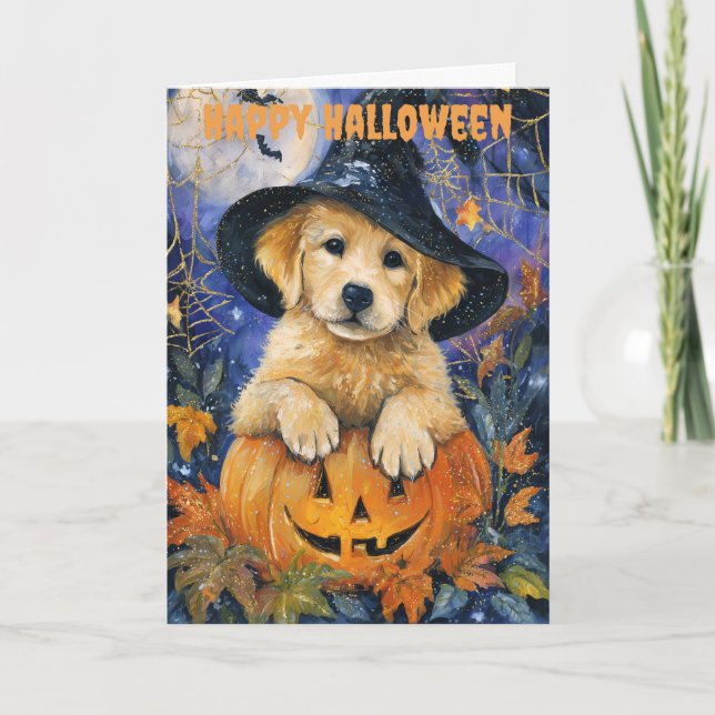 Cartão De Festividades Cachorro Retriever Dourado de Halloween (Frente)