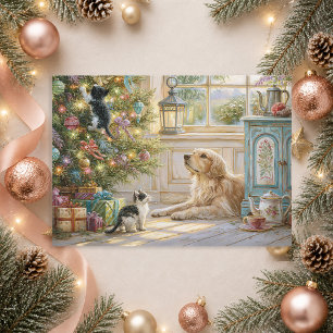Cartão De Festividades Cachorro Retriever Dourado Gatinhos Árvore de Nata