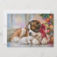 Cachorro São Bernardo Gatinho Branco Lareira Natal