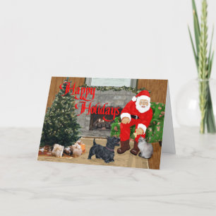 Cartão De Festividades Cachorro Scottie e Gato Siames com Papai Noel