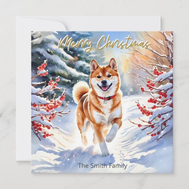 Cartão De Festividades Cachorro Shiba Inu Na Neve Feliz Natal (Frente)