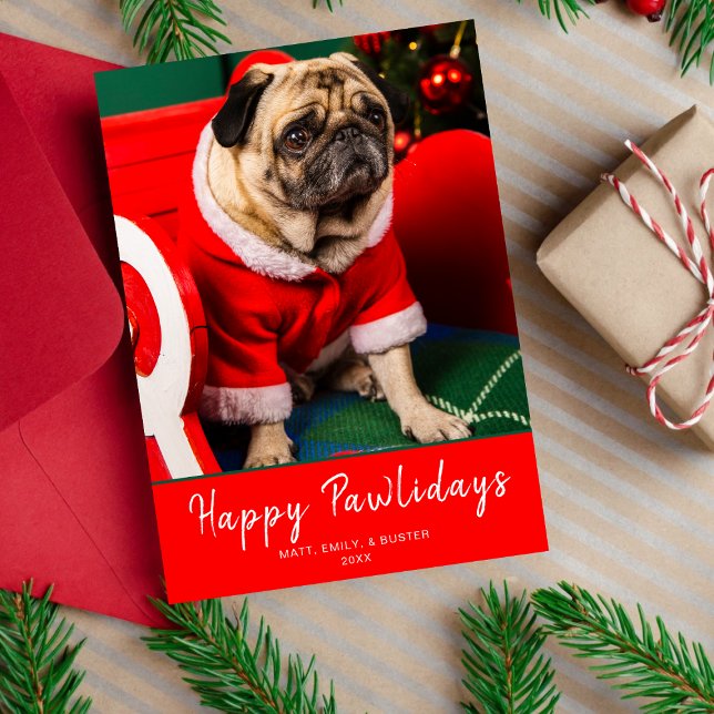Cartão De Festividades Cachorro Vermelho e Verde Foto Feliz Pawlidays Fel (Criador carregado)
