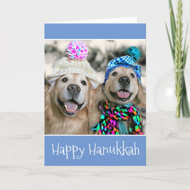 Cartão De Festividades Cachorros de ouro em Chapéus de inverno Hanukkah (Frente)