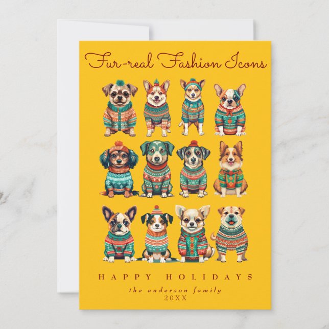 Cartão De Festividades Cachorros de Pet de Natal Amarelo e Engraçados (Frente)