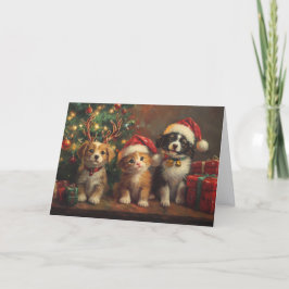 Cartão De Festividades Cachorros e Gatos Fofos sob a Árvore de Natal