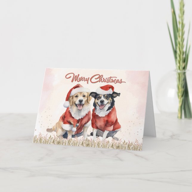 Cartão De Festividades Cães bonitos de aquarela Feliz Natal (Frente)
