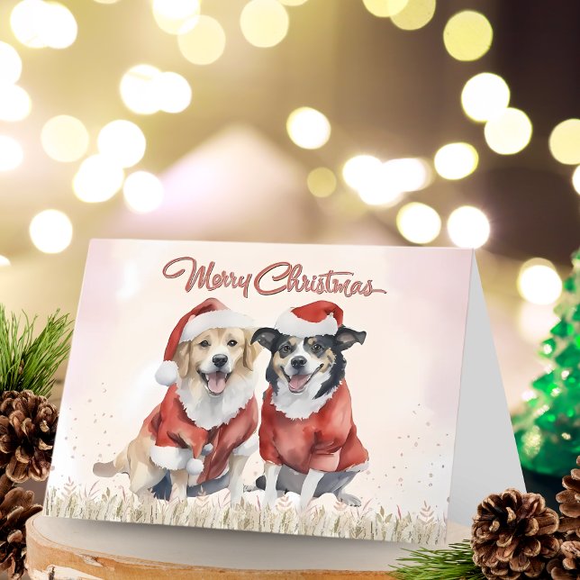 Cartão De Festividades Cães bonitos de aquarela Feliz Natal (Criador carregado)